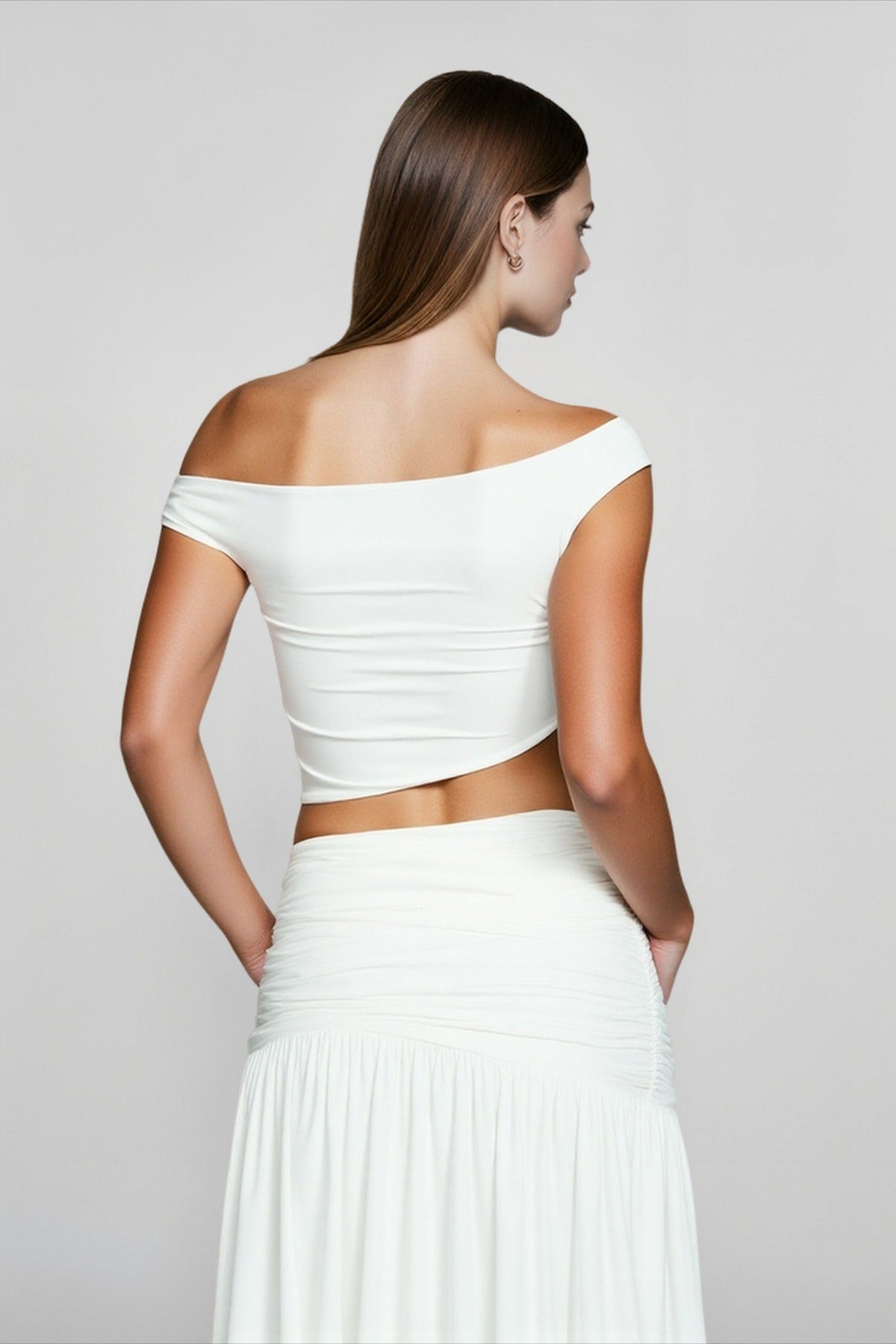 Off Shoulder Crop Top and Ruched High Split Maxi Skirt Two Piece Set 7