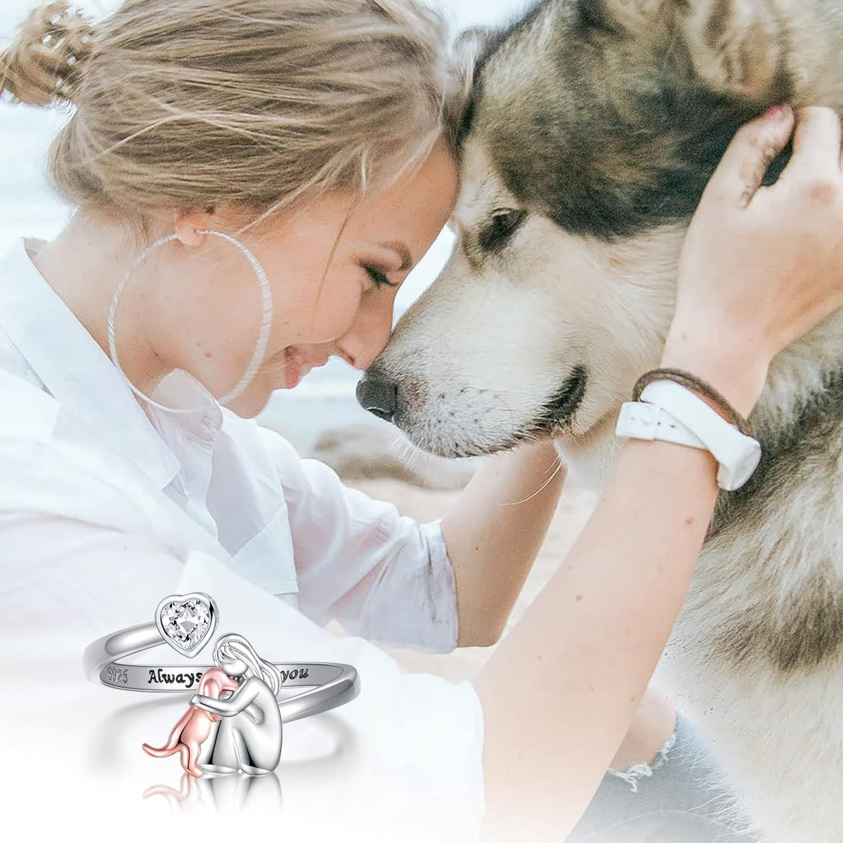 Heart Cut Stone Girl and Dog Adjustable Ring
