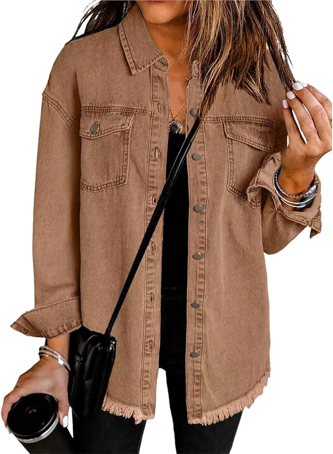 Frayed Hem Button Front Denim Shirt Jacket