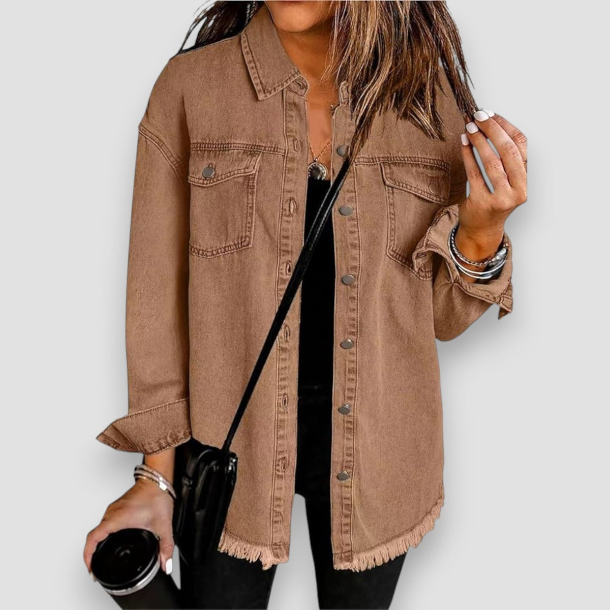 Frayed Hem Button Front Denim Shirt Jacket