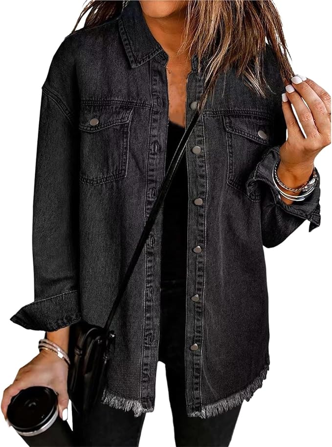 Frayed Hem Button Front Denim Shirt Jacket