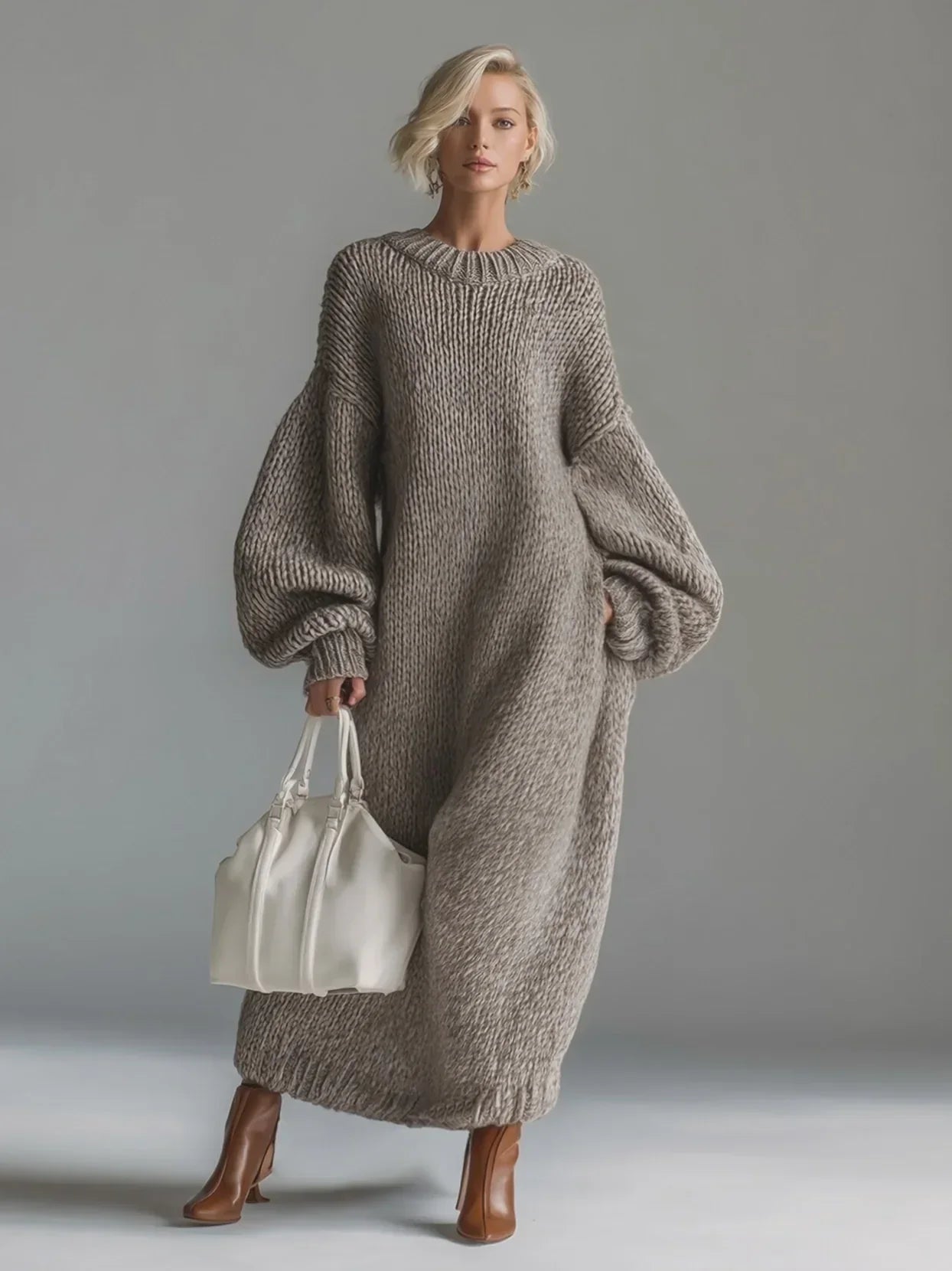 Chunky Knit Crew Neck Long Sleeve Maxi Dress