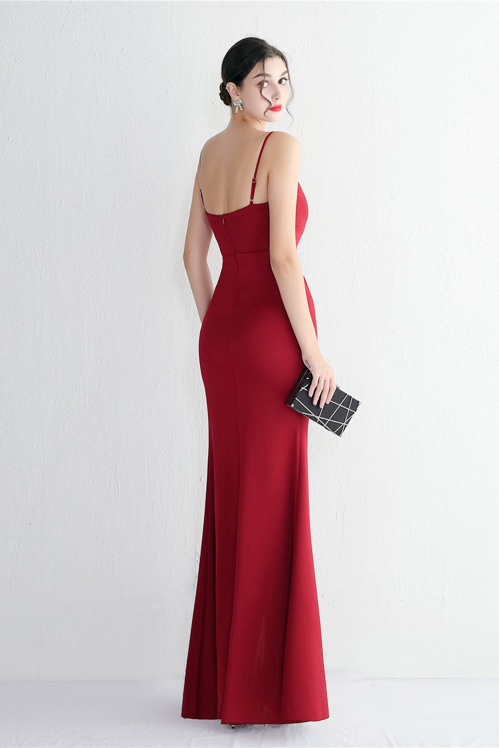 Satin Spaghetti Strap V-Neck Ruched High Split Maxi Gown
