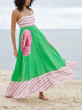 Floral Print Paneled Charming Striped Suspender Mixi Dress
