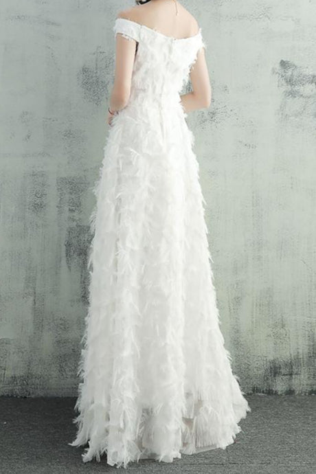 Feather Fringe Off Shoulder A-Line Formal Gown