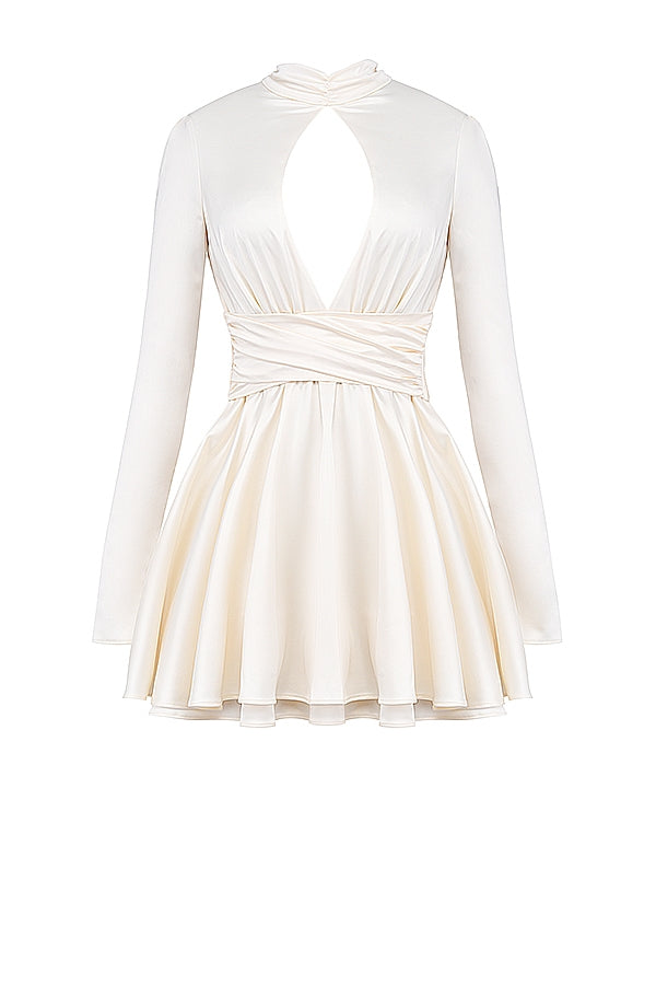 Satin Mock Neck Long Sleeve Open Back Bow Tie Skater Mini Dress 11
