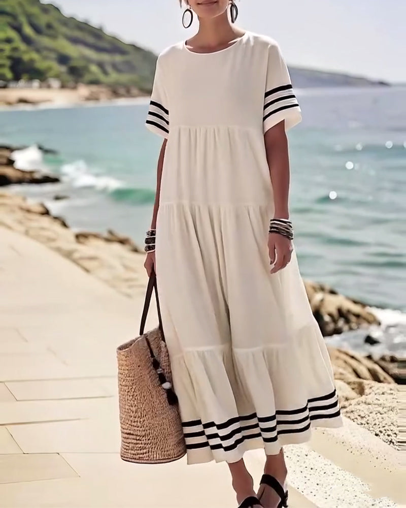 Striped Trim Short Sleeve Tiered Maxi Dress 7