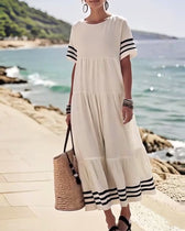 Striped Trim Short Sleeve Tiered Maxi Dress 7