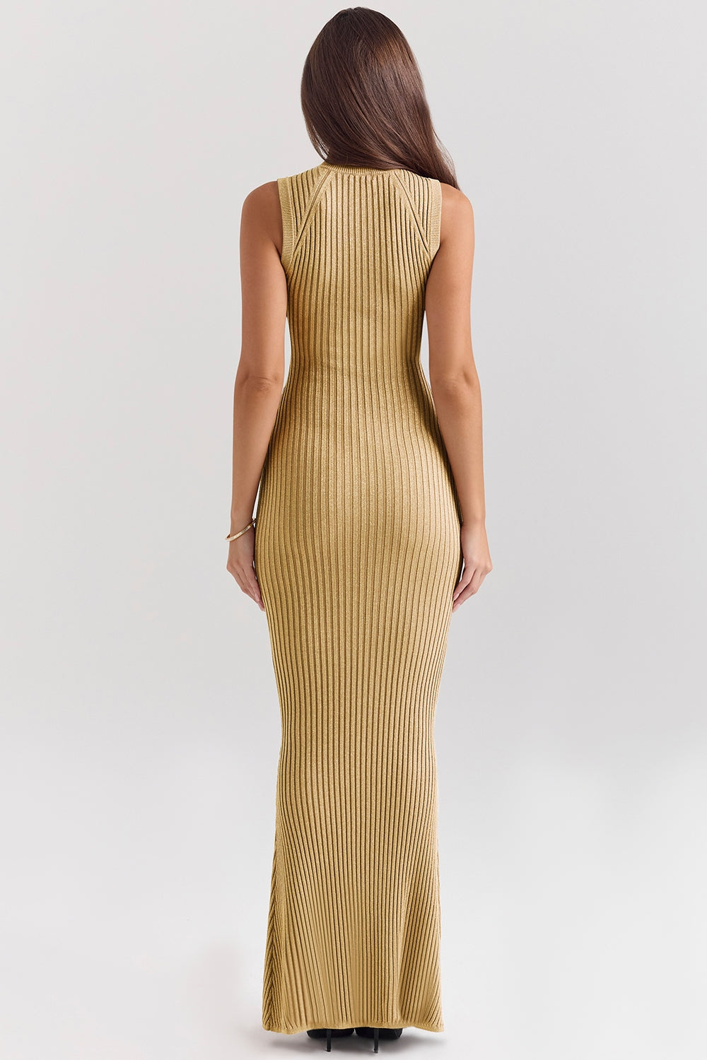 Metallic Ribbed Knit Mock Neck Sleeveless Bodycon Maxi Dress 6
