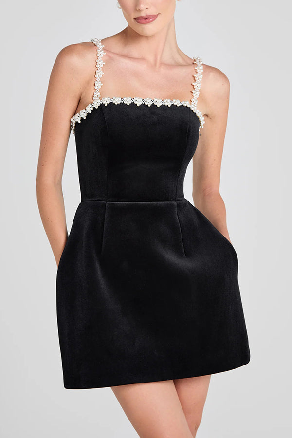 Velvet Faux Pearl Trim Square Neck Strappy Tulip Mini Dress 2