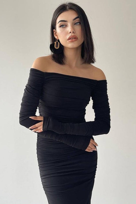 Off Shoulder Long Sleeve Ruched High Split Bodycon Maxi Dress
