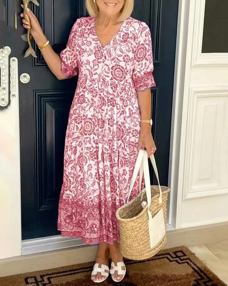 Floral V-Neck Puff Sleeve Tiered Maxi Dress