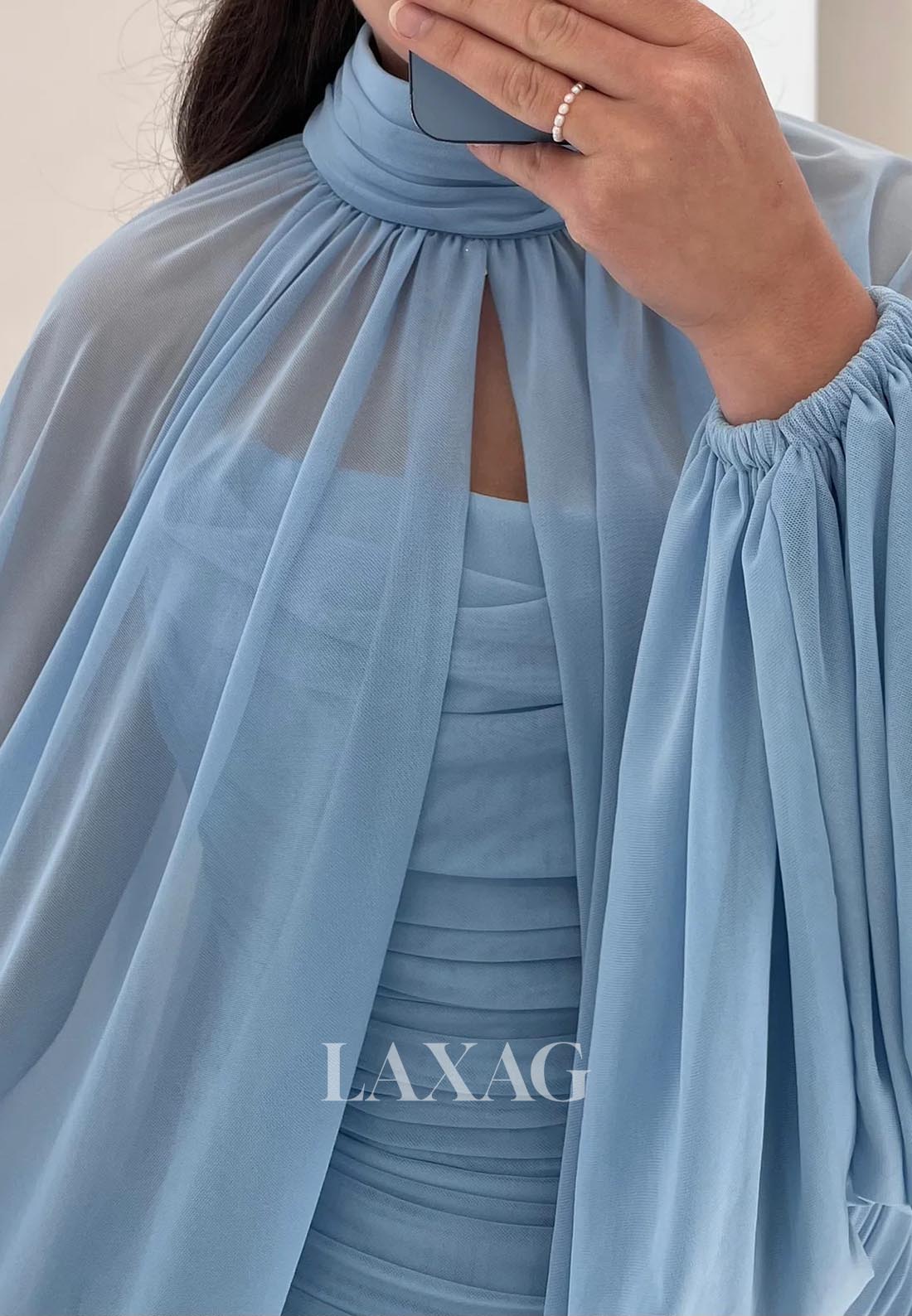 High-Neck Long-Sleeves Mermaid Evening Dress Pleated Sheer Tulle Floor-Length Formal Gowns