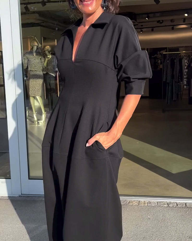 Collared V-Neck Short Sleeve Pocket Cocoon Midi Dress