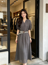 V-Neck Short Sleeve Crinkle Loose Maxi Dress 18