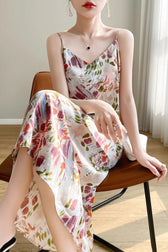 Printed V-Neck Satin Cami Maxi Silk Dress - View 3