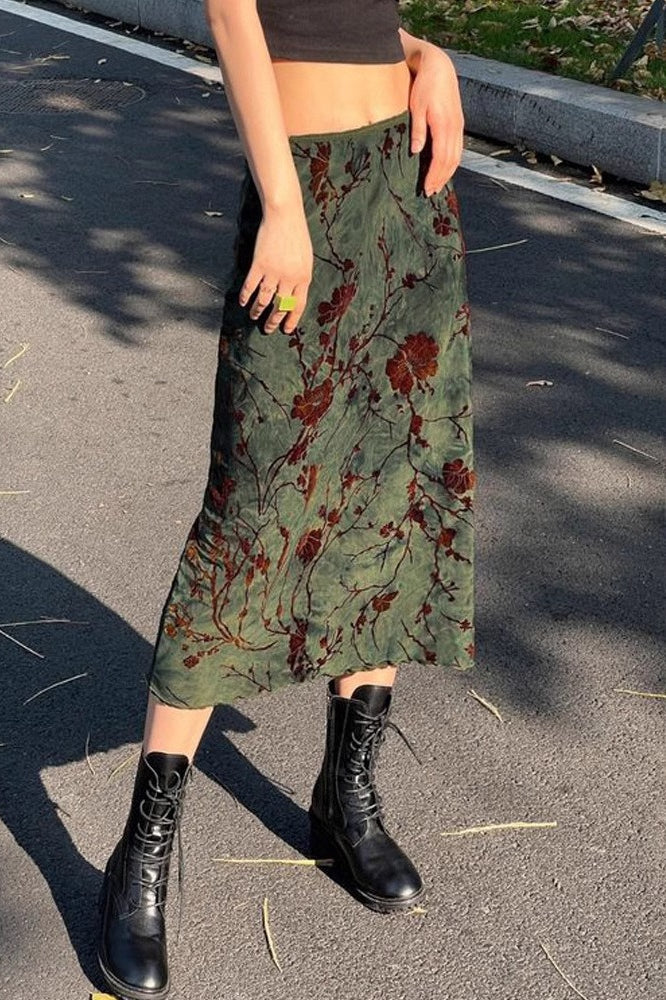 Floral Branch Print Satin Slip Midi Skirt