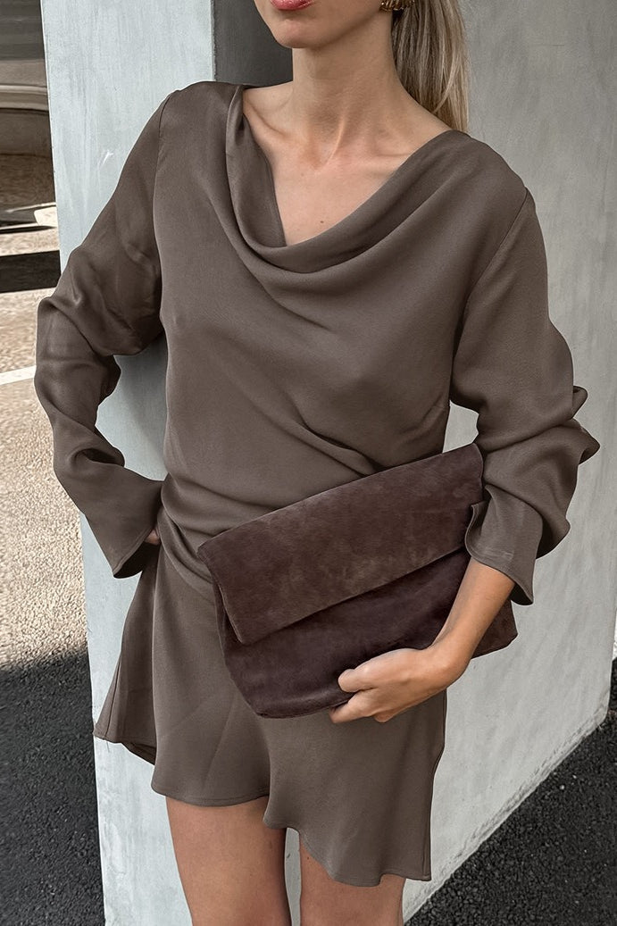 Satin Cowl Neck Long Sleeve Draped Mini Dress