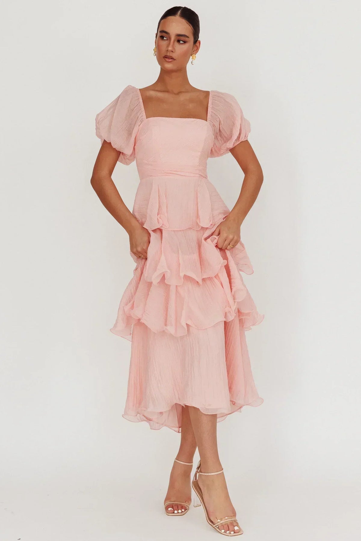 Square Neck Puff Sleeve Tiered Ruffle Midi Dress