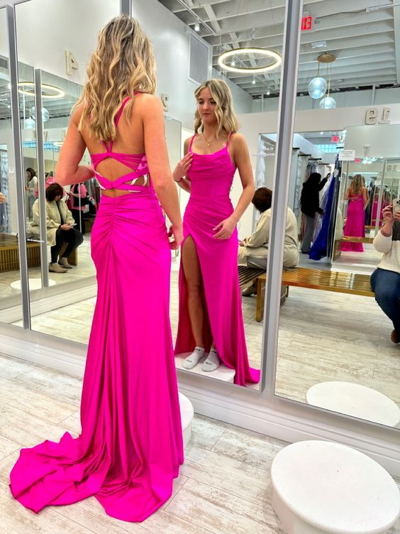 Sheath Spaghetti Straps Hot Pink Long Prom Dress with Slit cc1092