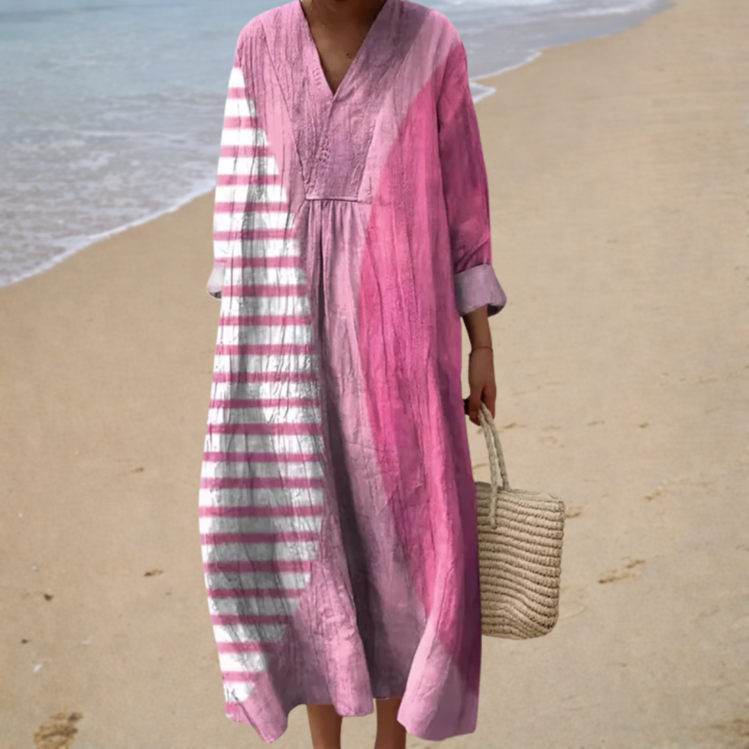 Striped Colorblock V-Neck Long Sleeve Maxi Dress