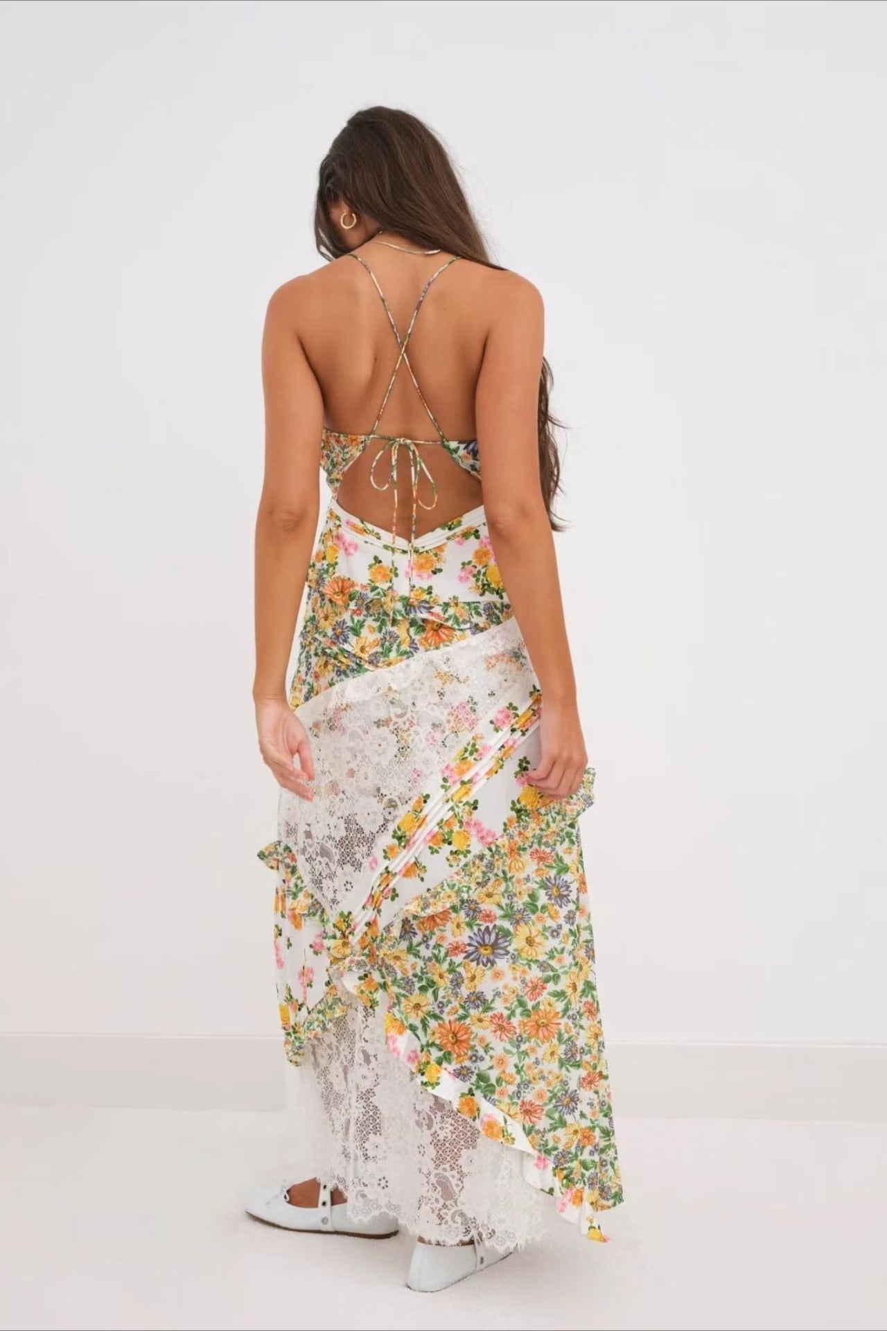 Floral Lace Deep V-Neck Spaghetti Strap Maxi Dress 14