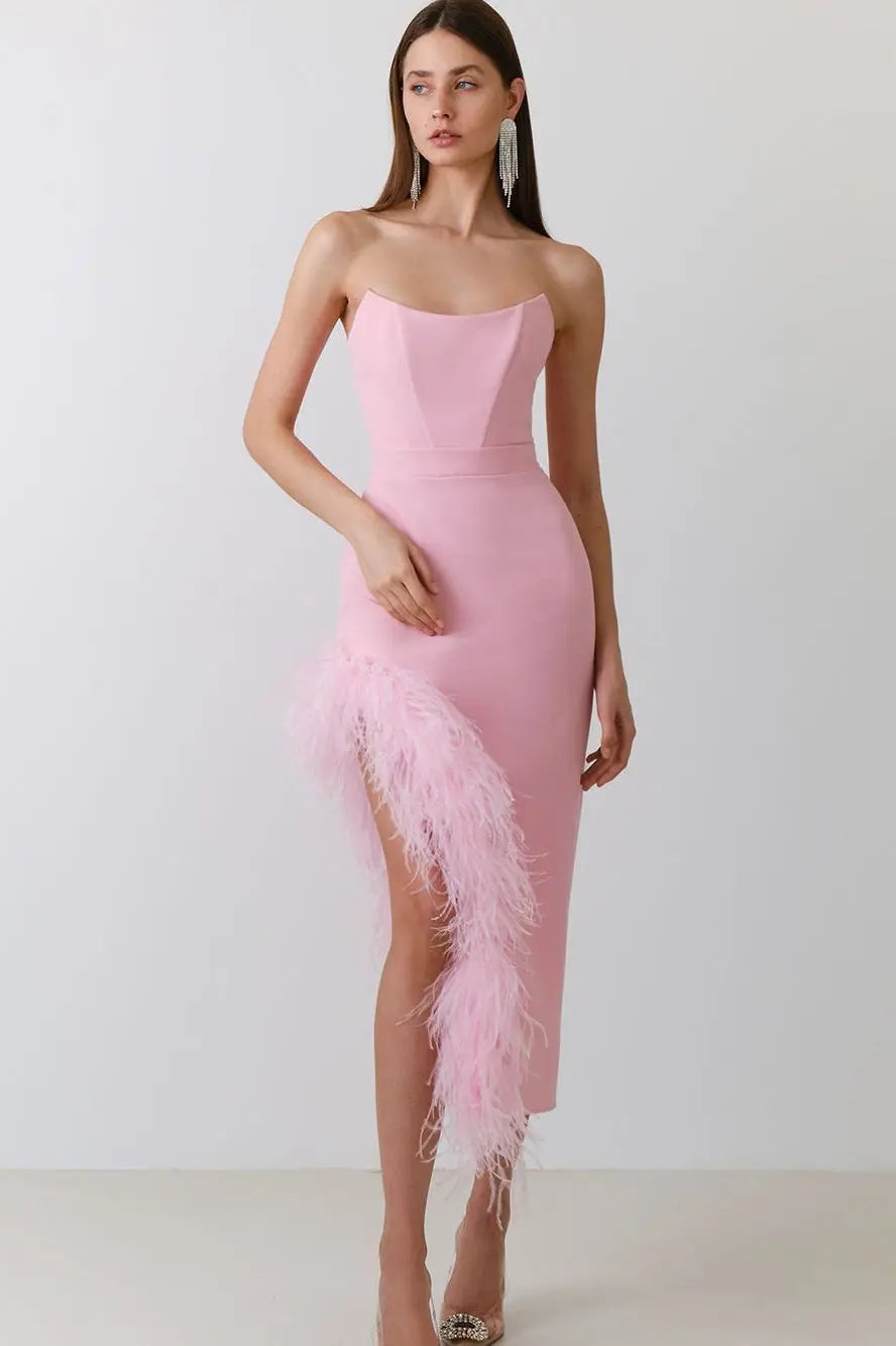 Strapless Corset Bodice Feather Trim High Split Midi Dress