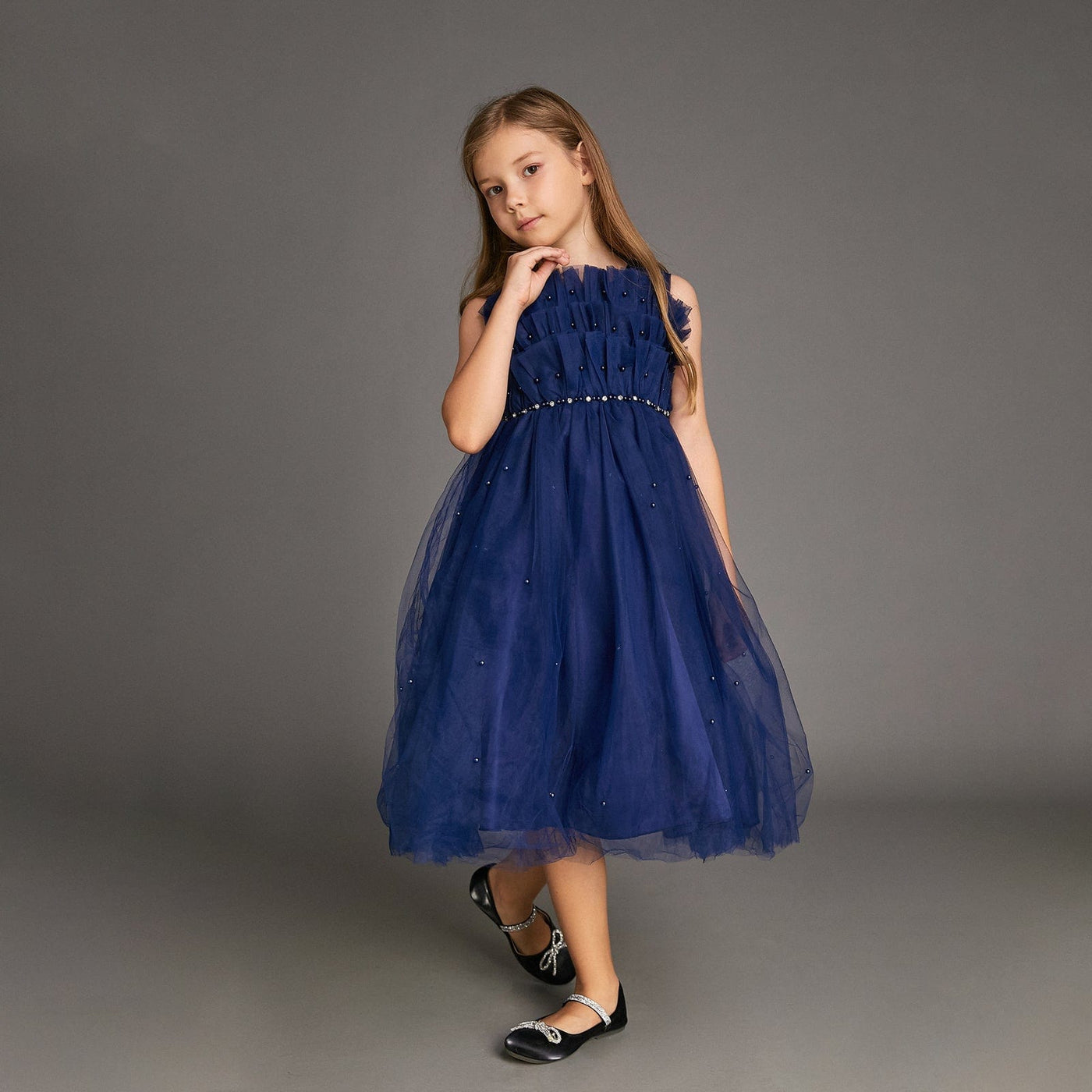 Kids Midnight Blue Strapless Ruffled Maxi Party Dress - View 8