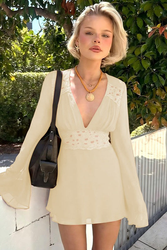 Lace Trim Deep V Mesh Flared Sleeve Fit Lace Dress