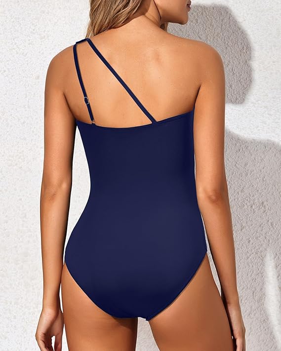 One Shoulder Ruched Tropical Print One Piece Swimsuit