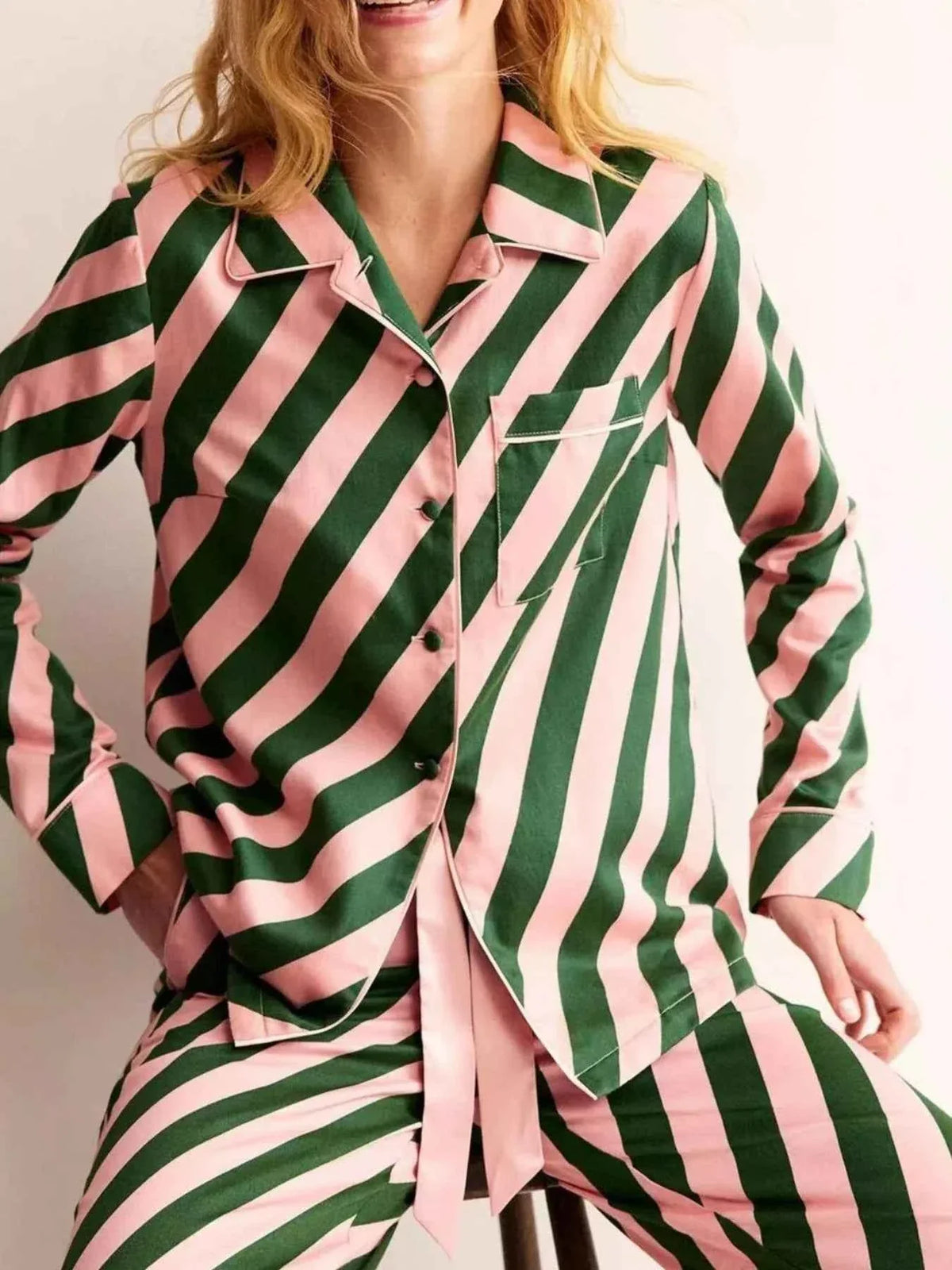 Diagonal Striped Satin Button Front Shirt and Straight Leg Pants Two Piece Set 2