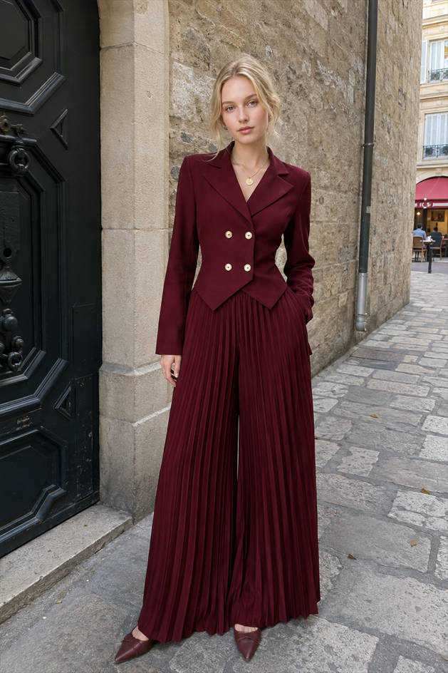 Cropped Double Breasted Blazer and Pleated Wide Leg Pants Two Piece Set
