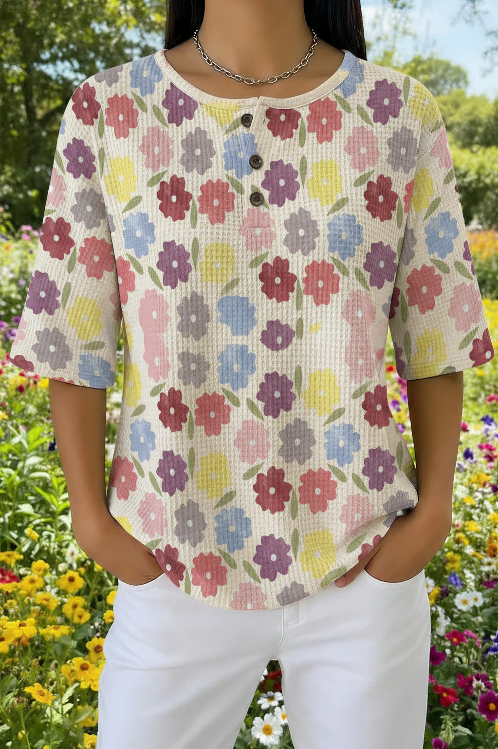 Ditsy Floral Waffle Knit Button Henley Short Sleeve Top
