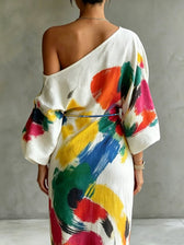Abstract Print One Shoulder Long Sleeve Maxi Dress 4