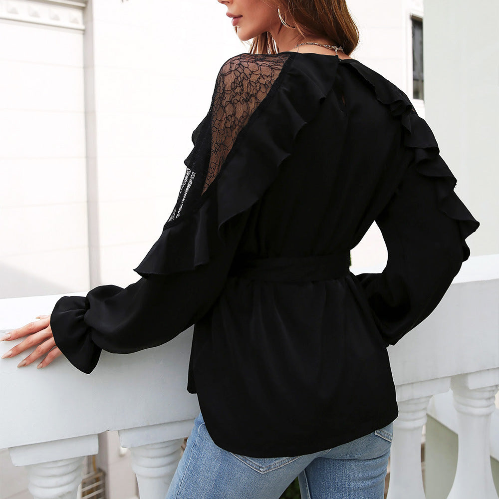 Front Lace Arm Flounce Cap Tie Blouse