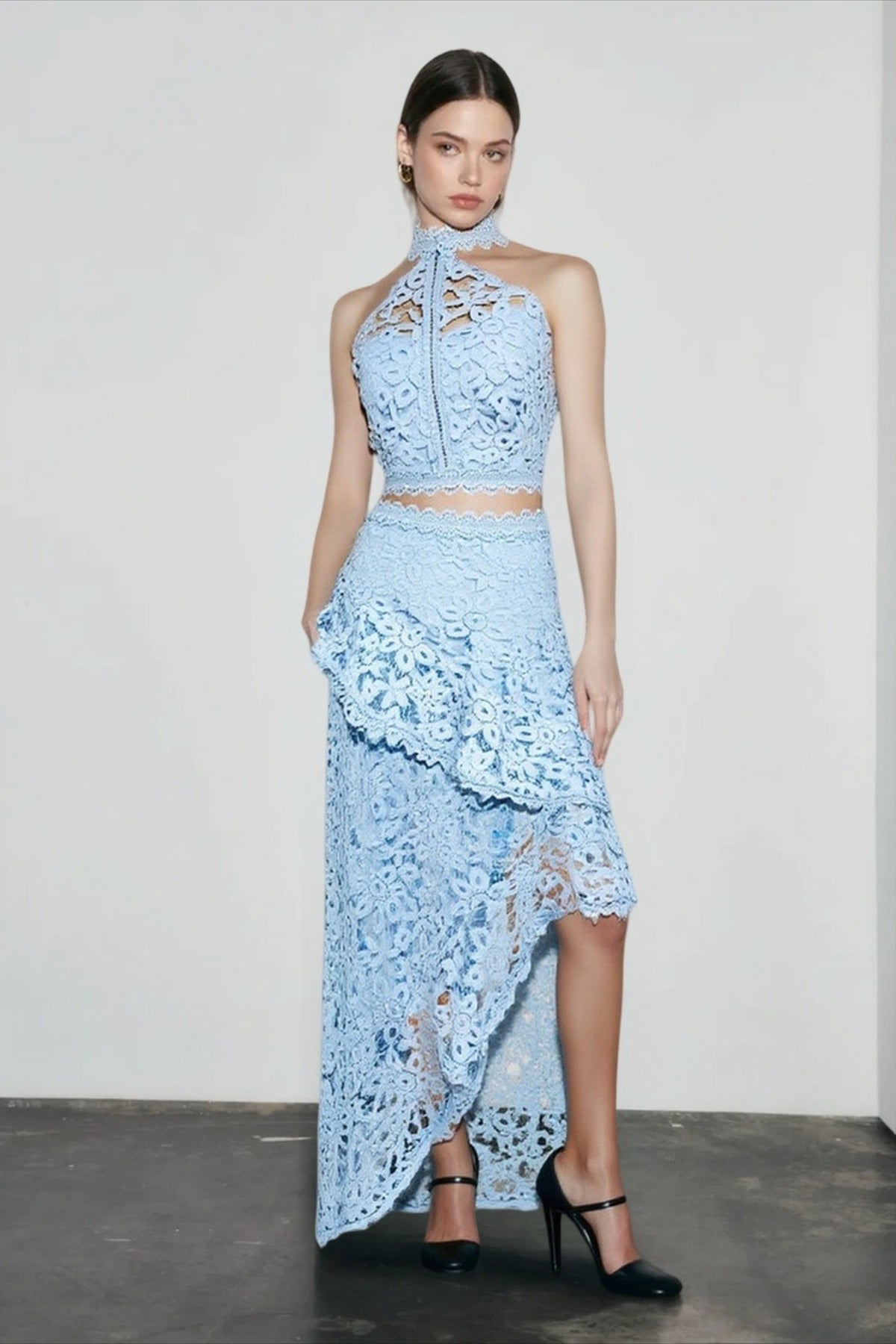 Lace Halter Neck Top and Asymmetric Ruffle Skirt Two Piece Set 5