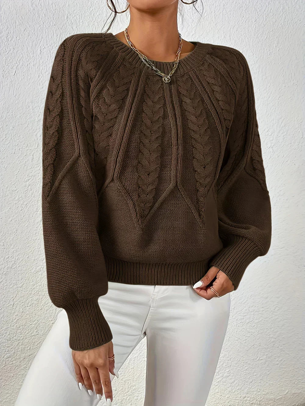 Crew Neck Cable Knit Long Sleeve Sweater