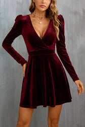 Solid Velvet V-neck Long-sleeved Waist Mini Dress - View 6