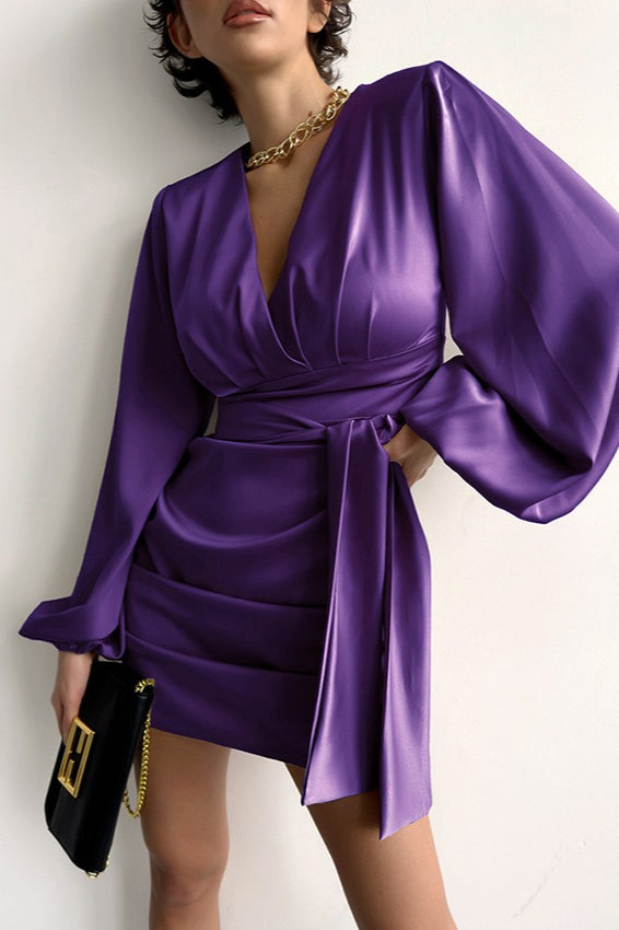 Satin Deep V-Neck Bishop Sleeve Ruched Wrap Cocktail Mini Dress