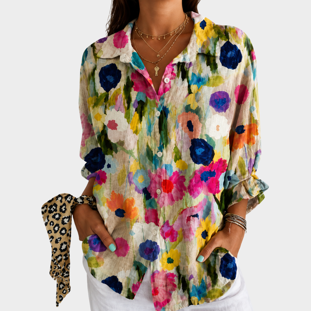 Watercolor Floral Collared Button Front Blouse