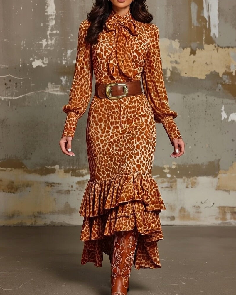 Leopard Print Long Sleeve Ruffle Mermaid Maxi Dress