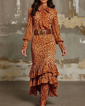 Leopard Print Long Sleeve Ruffle Mermaid Maxi Dress