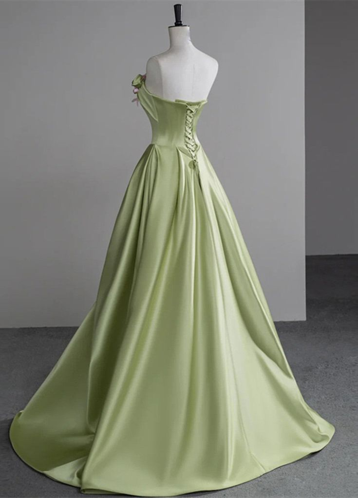 Elegant Green Satin Party Dress With Flowers, Green Long Prom Dress  cc1442