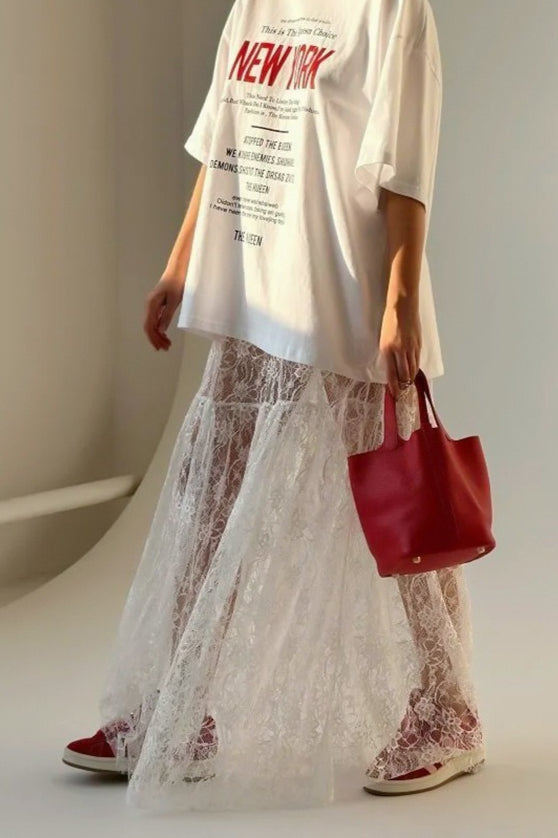 Sheer Floral Lace Tiered Flowy Maxi Skirt 3