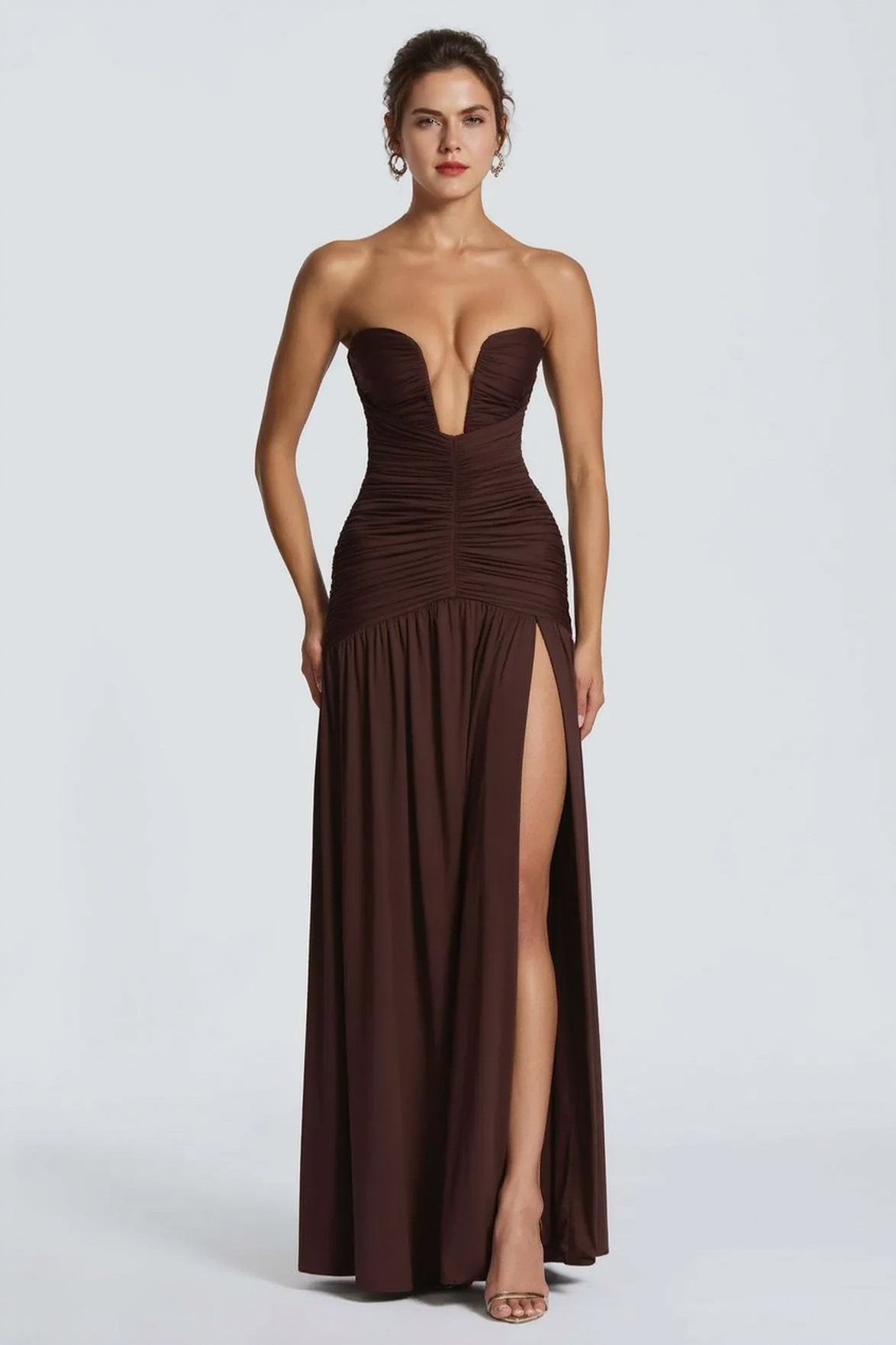 Solid Strapless High Slit Ruched Bodycon Party Dress