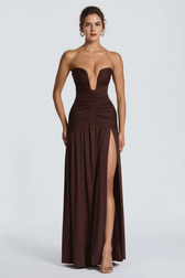 Solid Strapless High Slit Ruched Bodycon Party Dress