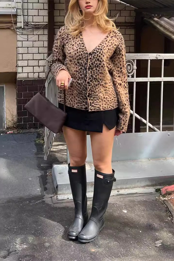 Leopard Mohair VNeck Knit Top