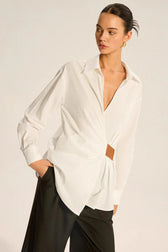 Faux Leather Panel Ruched Collared Slim Versatile Blouse