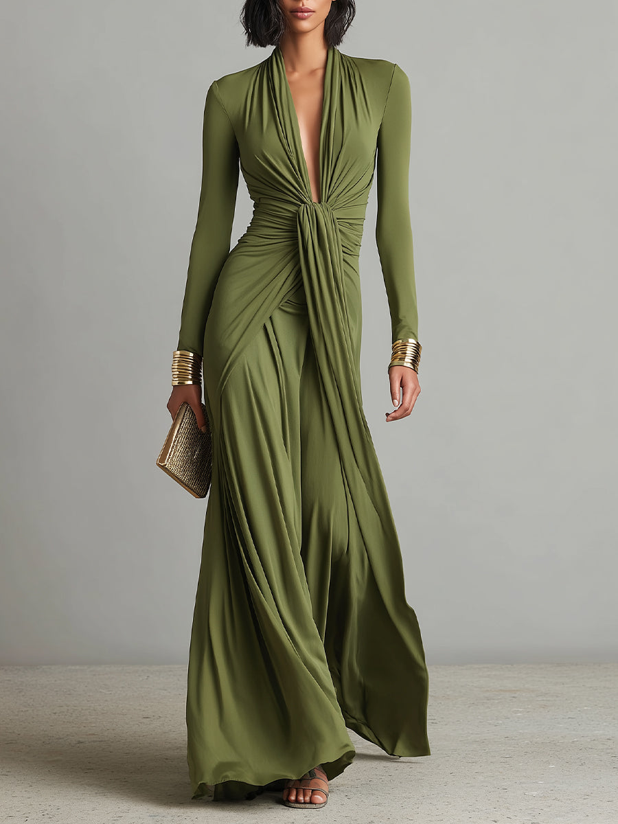 Deep V-Neck Long Sleeve Ruched Draped Maxi Dress Formal