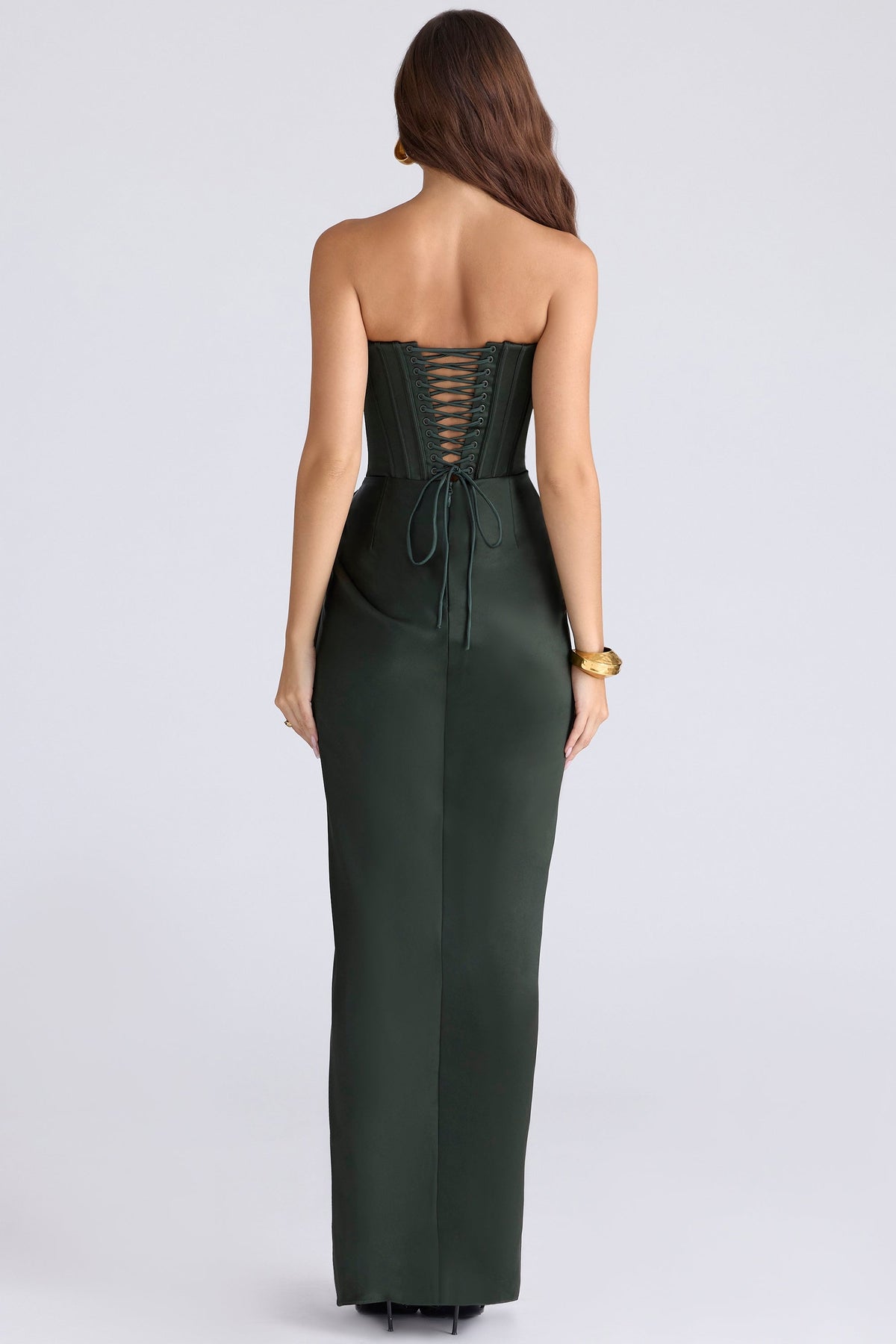 Satin Strapless Corset Bodice Draped High Split Maxi Dress 6
